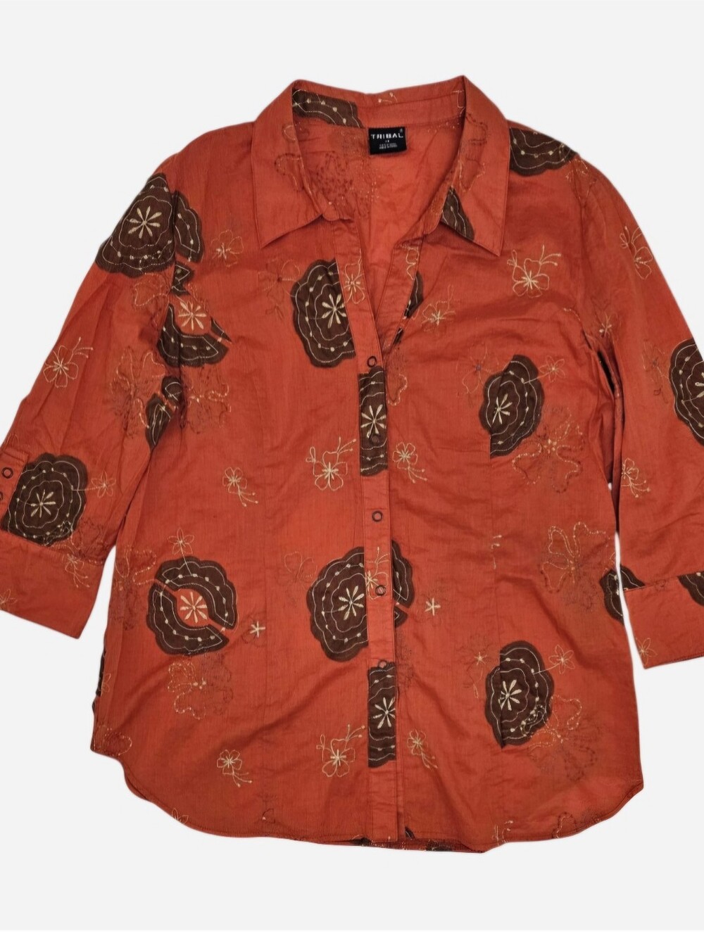 Tribal orange snap-up shirt with Brown floral & starburst motifs Womens Size 14